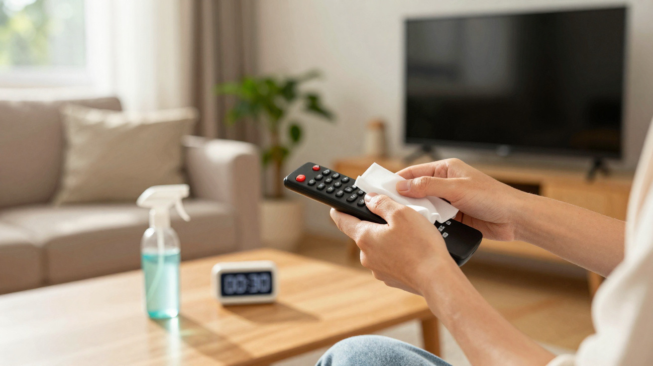 Person reinigt Fernbedienung mit Tuch im Wohnzimmer, im Hintergrund Desinfektionsmittel und Fernseher sichtbar.