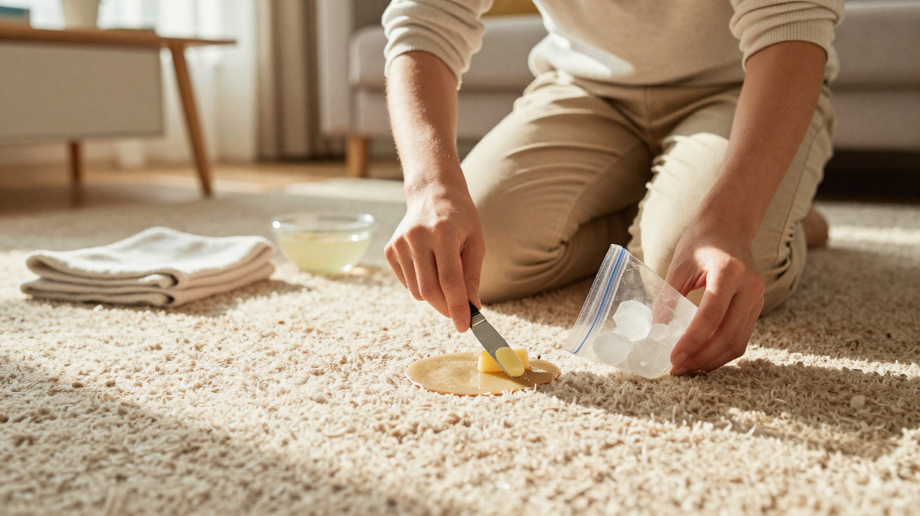 Person behandelt Teppichfleck mit Eiswürfeln und Butter zum Fleckentfernen in Wohnzimmer.