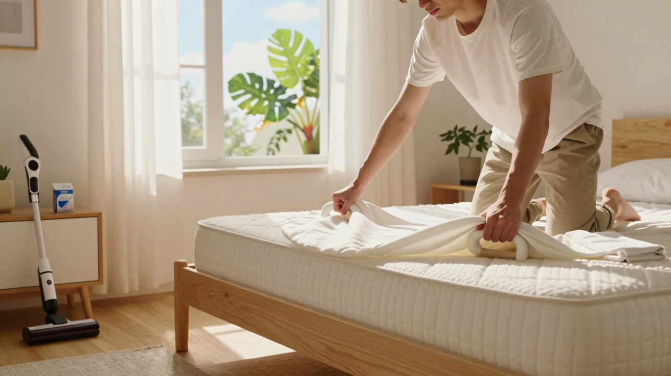 Mann bezieht Bett mit Bettlifter in hellem Schlafzimmer mit Pflanzen und Staubsauger am Fenster.