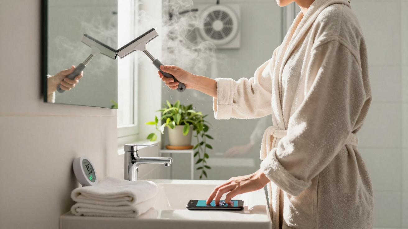 Frau im Bademantel reinigt beschlagene Badezimmerspiegel mit einem Dampfschwamm, Smartphone liegt auf Waschbecken.