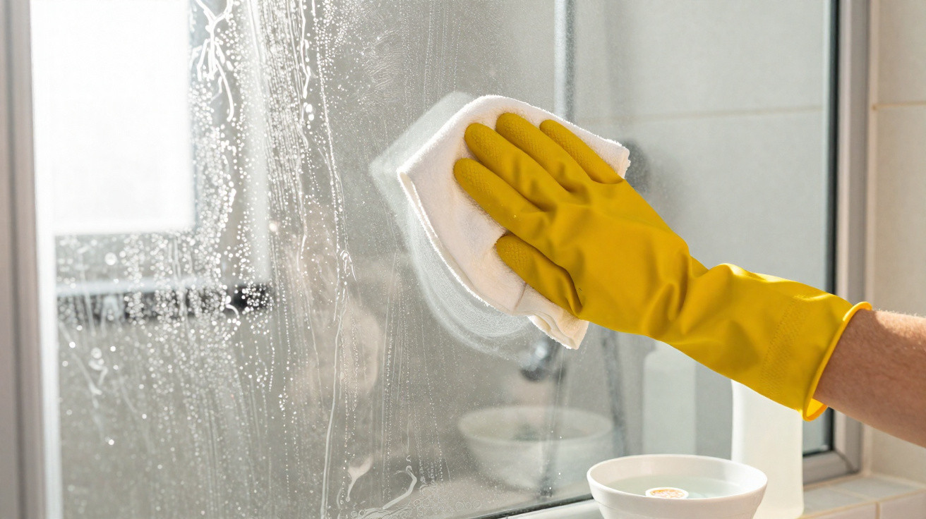 Hand mit gelbem Gummihandschuh reinigt beschlagene Glasduschtür mit weißem Tuch.
