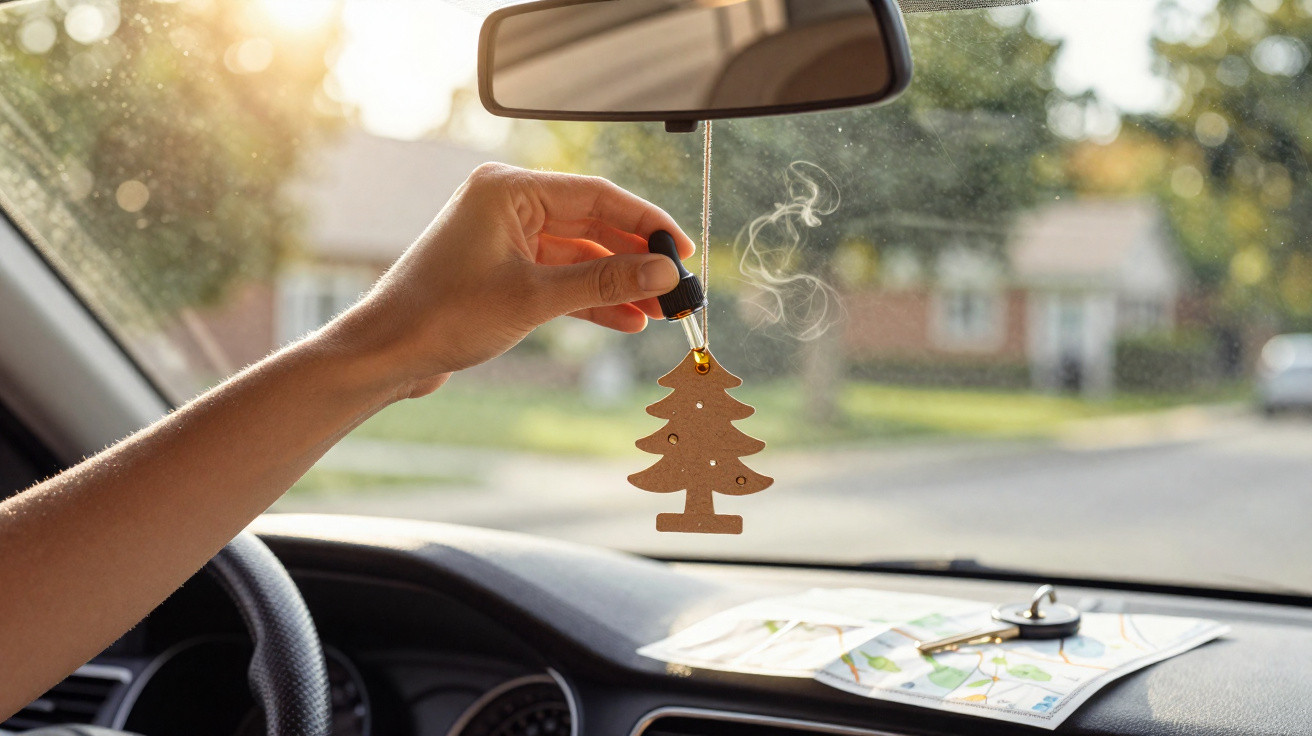 Hand tropft Duftöl auf Tannenbaum-Autoduftanhänger im Auto bei Sonnenlicht.