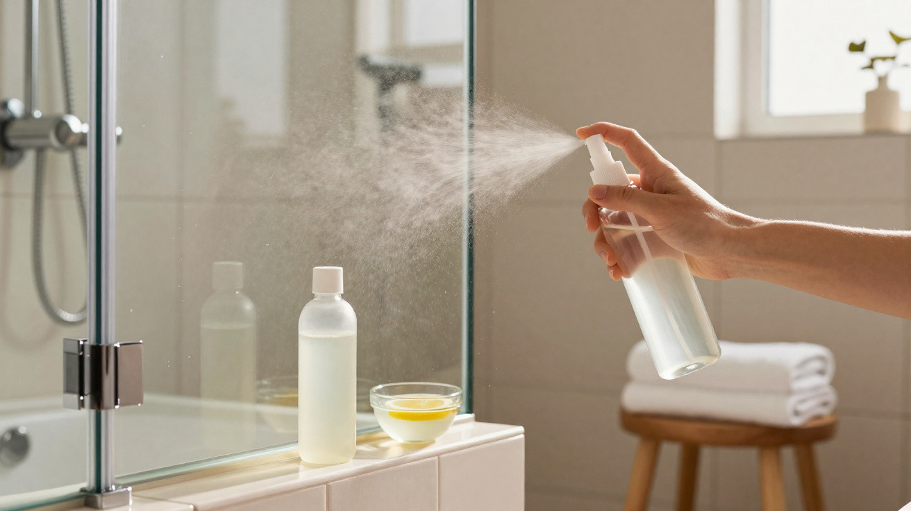 Hand sprüht Glasreiniger auf eine Badezimmerdusche aus Glas neben Flasche und Schale.