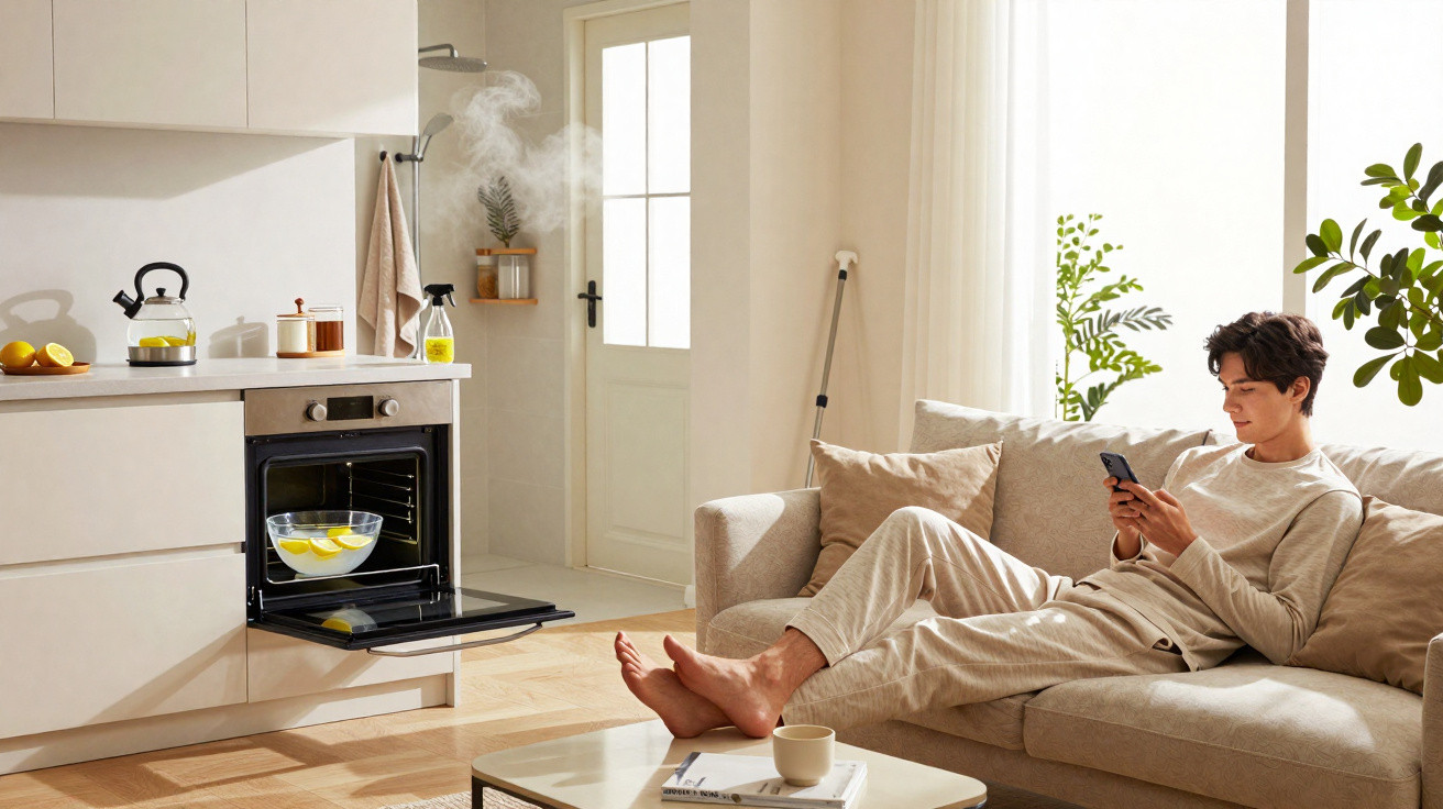 Junger Mann entspannt auf Sofa, schaut auf Smartphone, im Hintergrund dampft eine Schüssel im offenen Backofen.