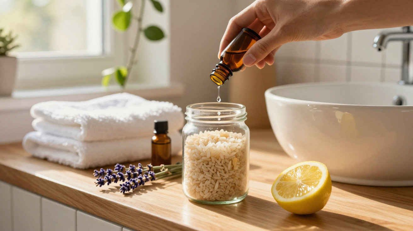 Hand träufelt ätherisches Öl auf Reis im Glas, daneben Lavendel, Zitronenhälfte und weiße Handtücher auf Holzablage.