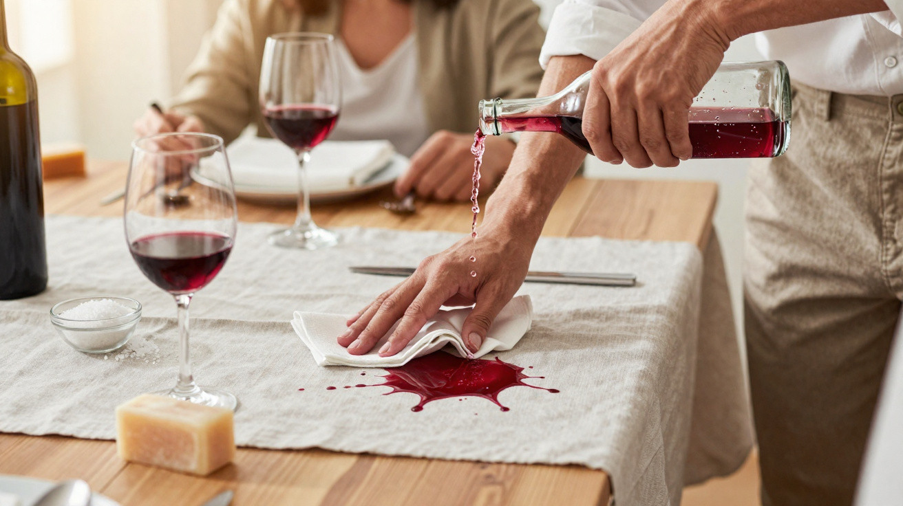 Roter Wein wird auf einem hellen Tischtuch verschüttet, während eine Person mit einem Tuch den Fleck abwischt.