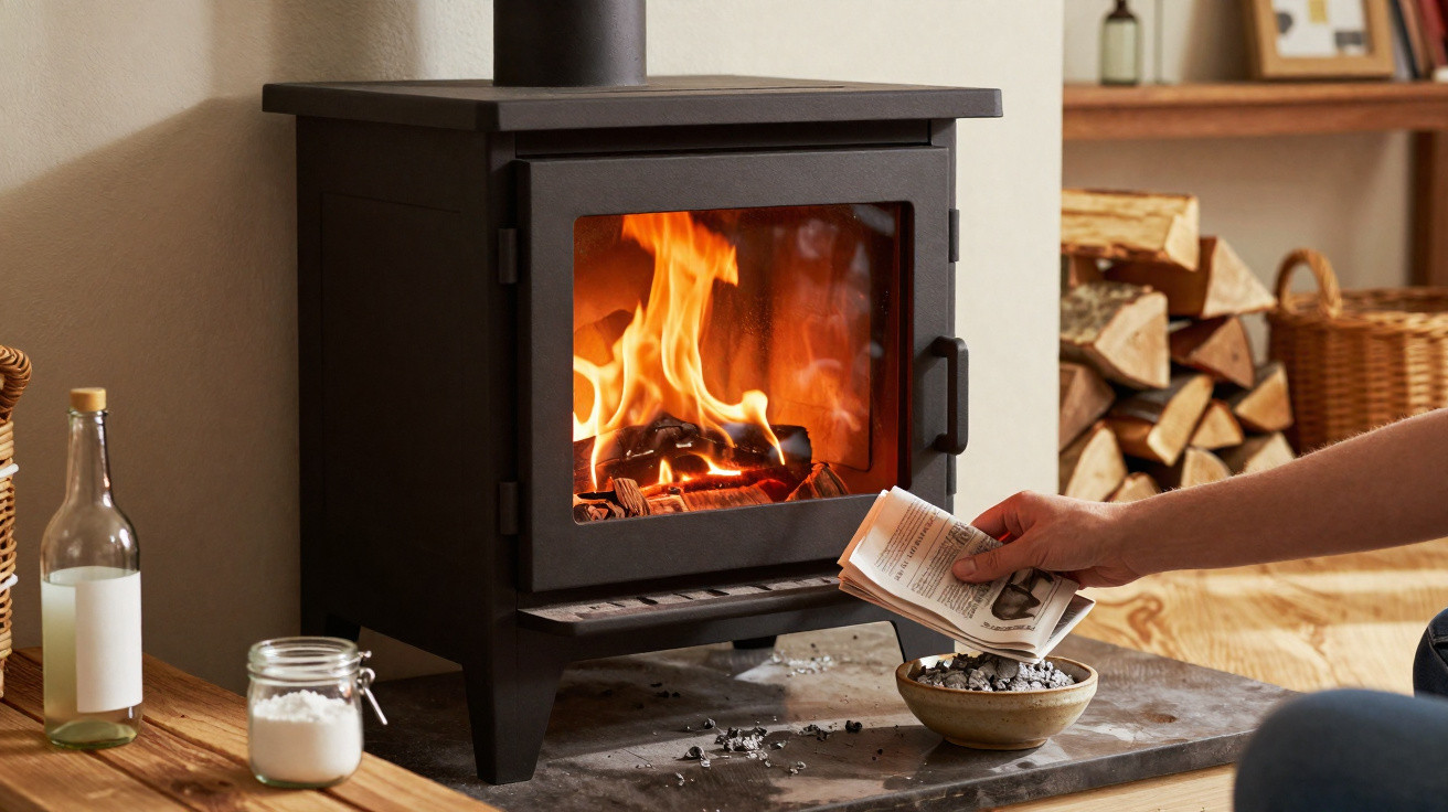 Hand legt Zeitungspapier in schwarzen Holzofen mit Flammen in gemütlichem Wohnzimmer mit Holzbalken.