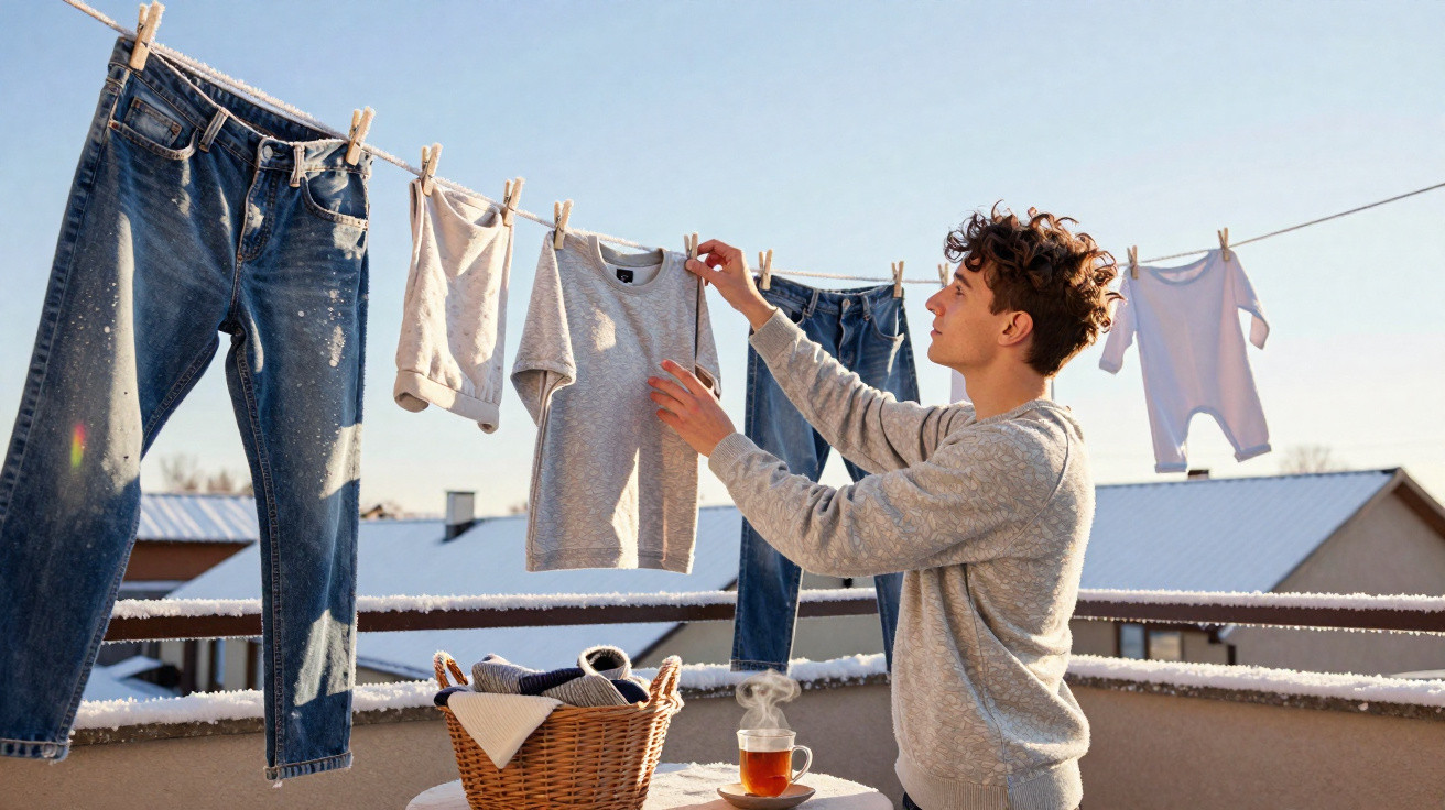 Junger Mann hängt Kleidung im Winter bei Sonnenlicht auf einem Balkon mit Schnee auf.