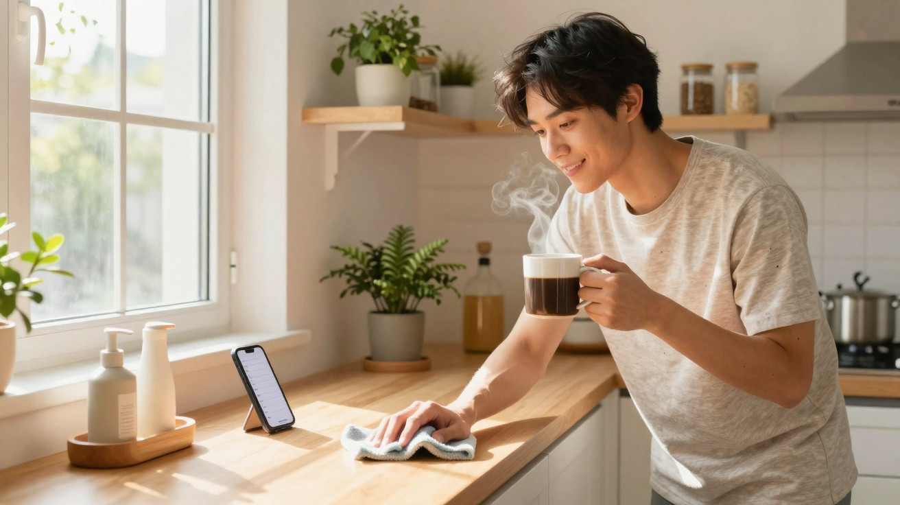 Junger Mann wischt die Küchenarbeitsplatte und hält dampfende Kaffeetasse neben Smartphone.