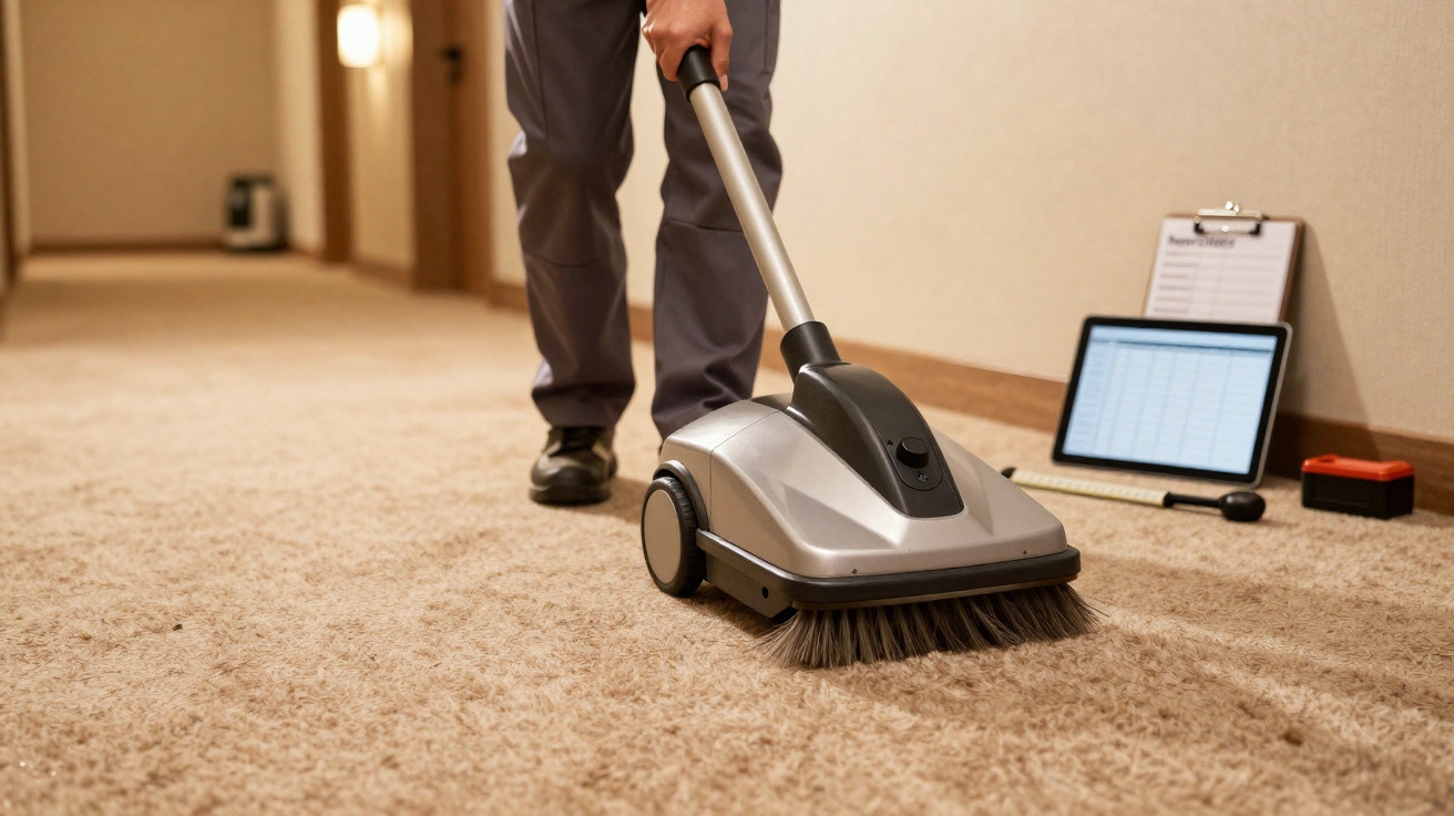 Person saugt mit Teppichkehrmaschine in einem Hotelkorridor einen beigen Teppichboden.