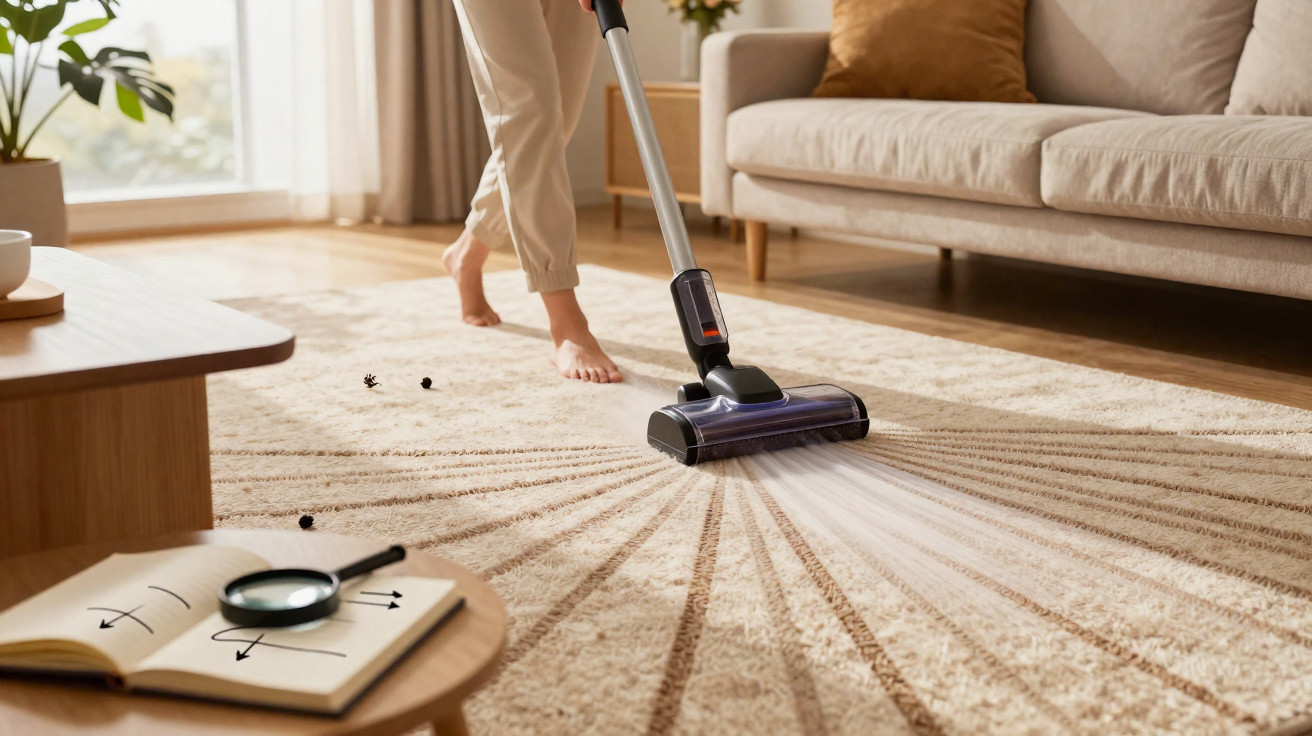 Frau saugt barfuß Staub und Dreck von beige gemustertem Teppich im hellen Wohnzimmer mit Sofa.